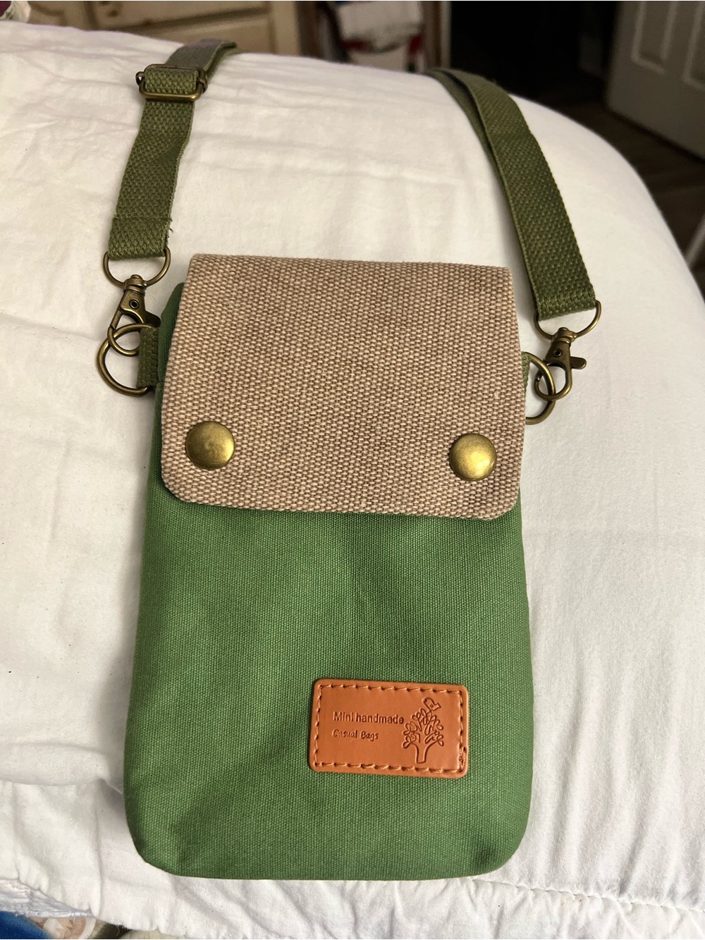 Mini Handmade Green Crossbody Belt Bag with Beige Flap
